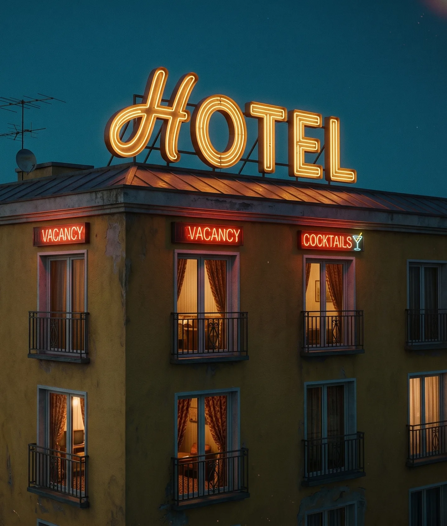 Hotel with neon lettering at night