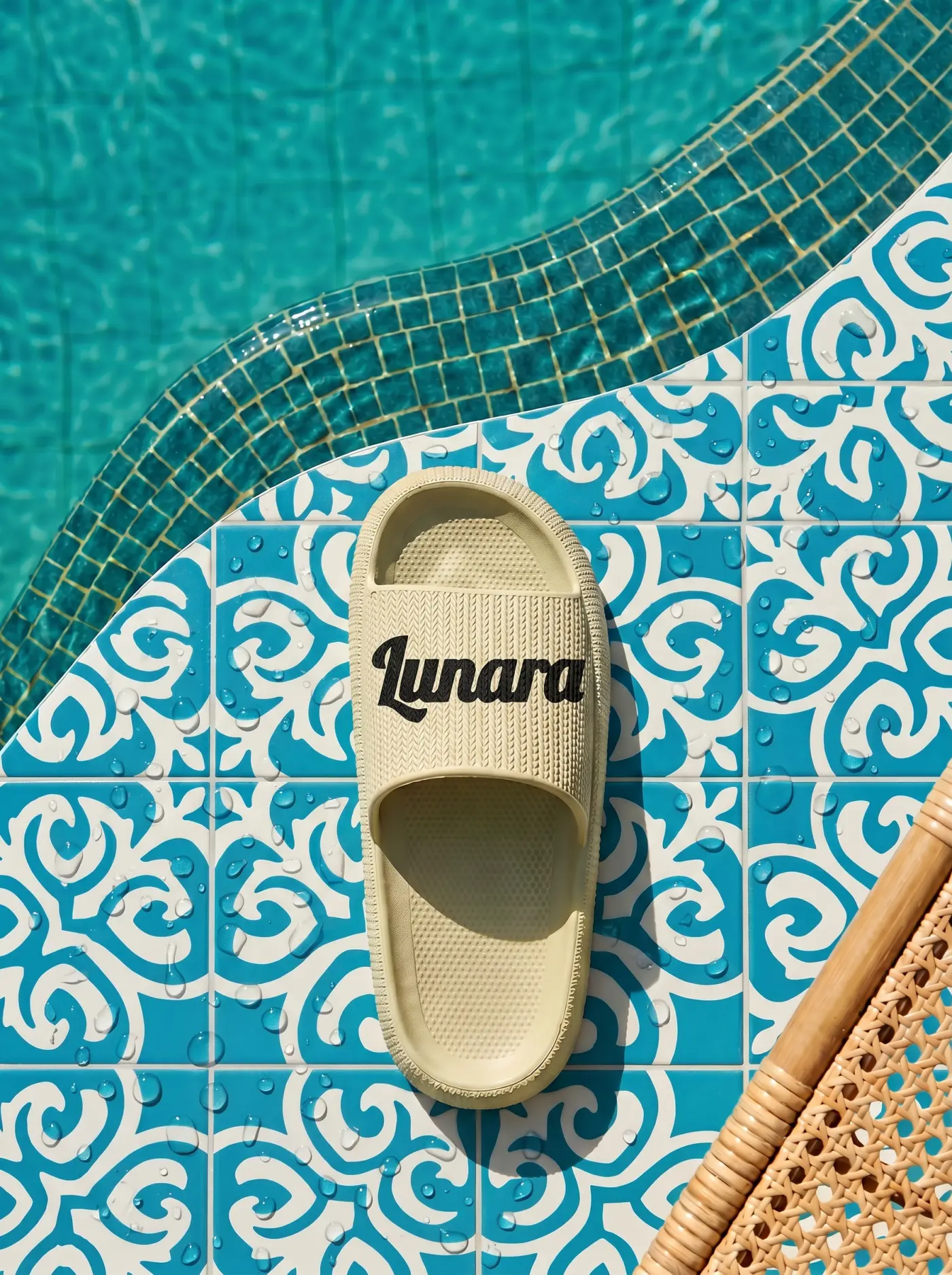 LUNARA washable slippers by the pool on blue tiles